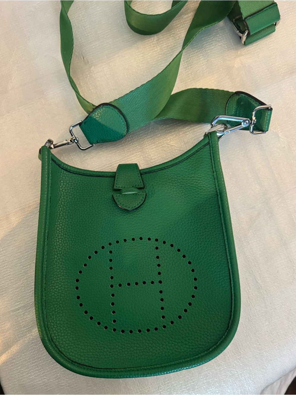 Hermes Green Perforated Evelyne-Style Crossbody with Web Strap